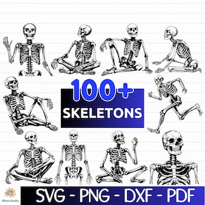 Puede incluir: Un conjunto de más de 100 ilustraciones de esqueletos en blanco y negro en varias poses. El texto "100+ SKELETONS" se muestra en un cuadro azul.