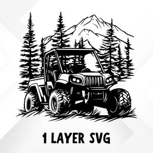May include: Black and white illustration of an off-road vehicle driving through a mountain landscape. The vehicle is surrounded by trees and a mountain range in the background. The image is labeled "1 LAYER SVG".