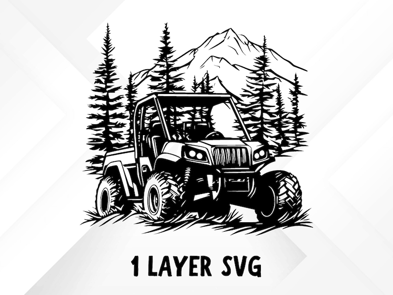 May include: Black and white illustration of an off-road vehicle driving through a mountain landscape. The vehicle is surrounded by trees and a mountain range in the background. The image is labeled "1 LAYER SVG".