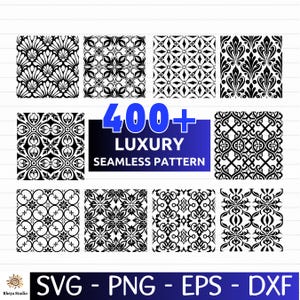 Puede incluir: Un gráfico digital que presenta una colección de patrones sin costuras de lujo en blanco y negro. La imagen incluye el texto "400+ LUXURY SEAMLESS PATTERN" en azul y blanco. La parte inferior de la imagen muestra opciones de tipo de archivo: SVG, PNG, EPS y DXF.