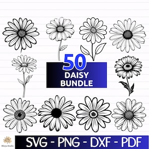 50 デイジー SVG バンドル、デイジー SVG、花柄 SVG、デイジー クリップアート、夏 SVG - デジタル ダウンロード SVG、DXF、PNG、PDF、SVG ファイル、Cricut 用