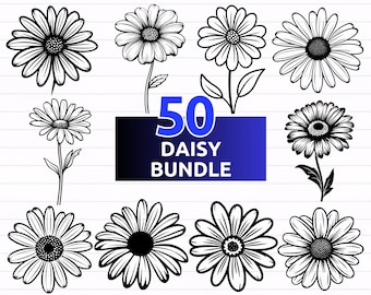 Lot de 50 marguerites SVG, svg Daisy, floral svg, clipart Daisy, été svg - téléchargement numérique svg, dxf, png, pdf, fichiers svg pour cricut