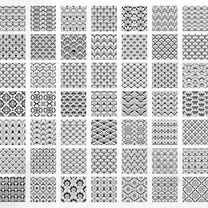 May include: A collection of 64 black and white patterned designs, each in a square format. The patterns include floral, fan, and geometric motifs, offering a variety of textures and styles. Ideal for digital or print projects.