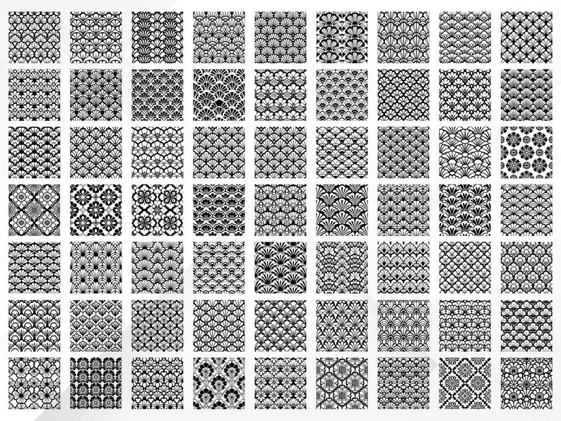 May include: A collection of 64 black and white patterned designs, each in a square format. The patterns include floral, fan, and geometric motifs, offering a variety of textures and styles. Ideal for digital or print projects.