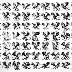May include: A collection of 48 black and white dragon silhouettes with wings spread in various poses. The dragons are facing different directions and have different wing shapes and tail lengths.