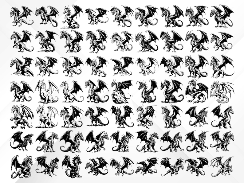 May include: A collection of 48 black and white dragon silhouettes with wings spread in various poses. The dragons are facing different directions and have different wing shapes and tail lengths.