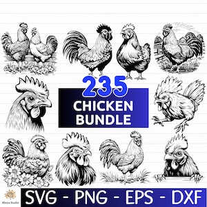May include: A selection of black and white chicken illustrations. The image showcases different depictions of cockerels and hens, with the text "235 CHICKEN BUNDLE" in blue. The bottom of the image displays file type options: SVG, PNG, EPS, and DXF.
