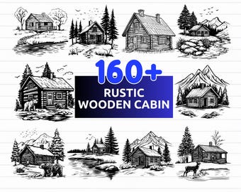 May include: A collection of black and white illustrations of rustic wooden cabins in various outdoor settings. The image includes the text "160+ Rustic Wooden Cabin" and file type options: SVG, PNG, EPS, and DXF.
