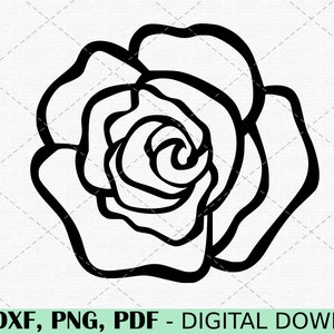 May include: A black and white line drawing of a rose. The rose is stylised and has a simple, elegant design.
