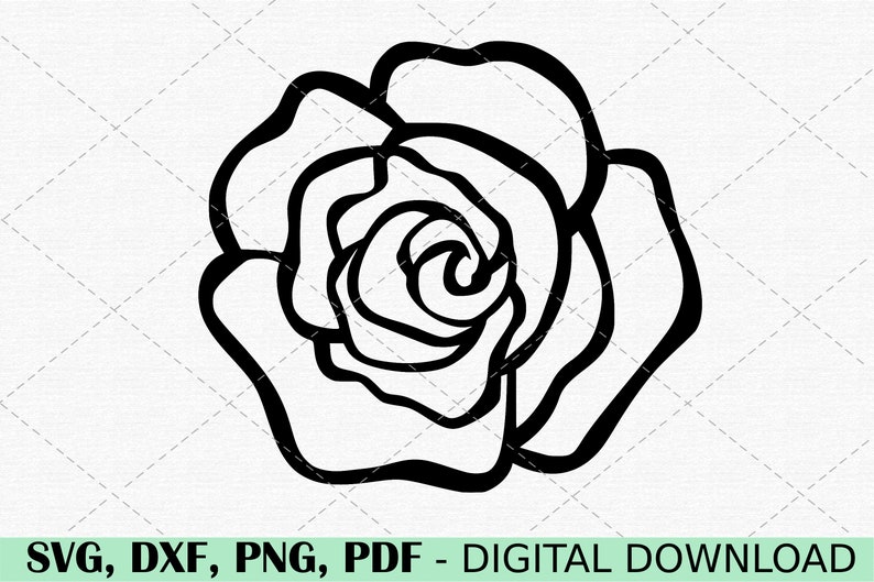 May include: A black and white line drawing of a rose. The rose is stylised and has a simple, elegant design.