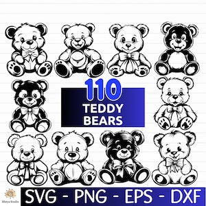 Puede incluir: Un conjunto de 110 ilustraciones de osos de peluche en blanco y negro. Los osos están en varias poses, algunos sentados, algunos de pie y algunos con los brazos extendidos. El texto "110 Teddy Bears" está escrito en letras blancas sobre un fondo azul.