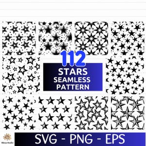 May include: A set of 112 black and white star seamless patterns. The patterns are arranged in a grid of 8 squares. The text "112 Stars Seamless Pattern" is in the center of the grid. The text "SVG - PNG - EPS" is at the bottom of the grid.