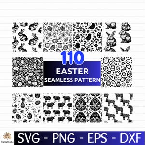 Peut inclure: Plusieurs motifs sans couture sur le thème de Pâques en noir et blanc. Les motifs incluent des lapins, des œufs, des fleurs, des oiseaux et des moutons. Le texte "110 Easter Seamless Pattern" et les options de fichiers SVG, PNG, EPS et DXF sont inclus.