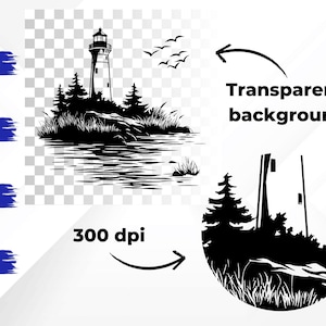 May include: Black and white illustration of a lighthouse on a rocky shore with trees and birds. The image is labeled with "SVG", "EPS", "PNG", and "DXF" file types, and "300 dpi". The text "Transparent background" is also included.