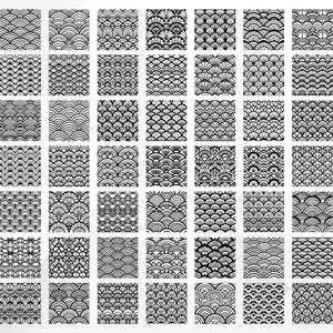 May include: A grid of 63 black and white patterned squares. Each square features a unique, repeating design, including fan shapes, curved lines, and wave-like patterns. The overall aesthetic is reminiscent of Japanese art.