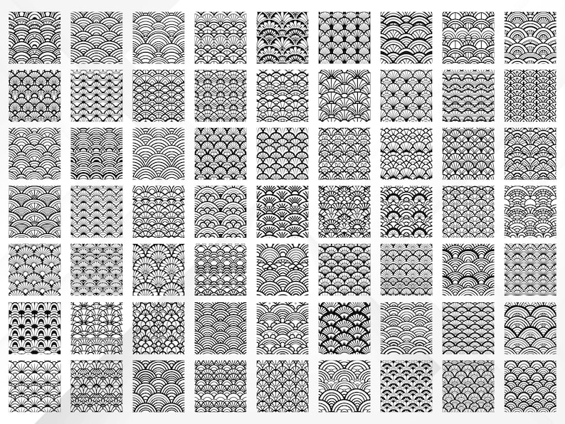 May include: A grid of 63 black and white patterned squares. Each square features a unique, repeating design, including fan shapes, curved lines, and wave-like patterns. The overall aesthetic is reminiscent of Japanese art.
