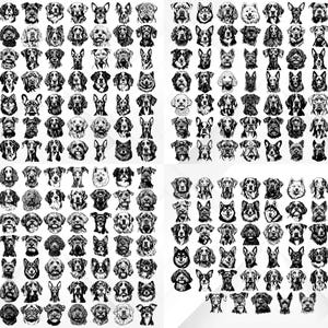 May include: A black and white illustration of a variety of dog breeds. The image features over 100 different dog breeds, each with a unique facial expression and pose.