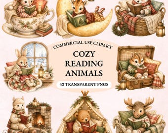 May include: A digital collection of illustrations featuring animals reading books in cosy settings, including a mouse in a teacup, a giraffe on a moon, and a bear in a tent. The text reads: COMMERCIAL USE CLIPART COZY READING ANIMALS 43 TRANSPARENT PNGS.