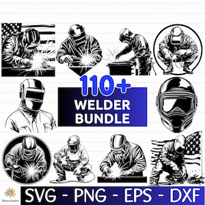 Puede incluir: Colección de ilustraciones en blanco y negro que muestran soldadores en varias poses, soldando con chispas. El texto "110+ WELDER BUNDLE" está en azul. Debajo, el texto "SVG - PNG - EPS - DXF".