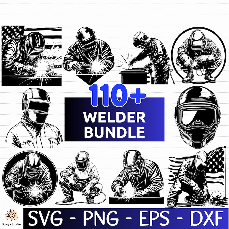 May include: A collection of black and white illustrations featuring welders in various poses, welding with sparks. The text "110+ WELDER BUNDLE" is displayed in blue. Below, the text "SVG - PNG - EPS - DXF" is shown.