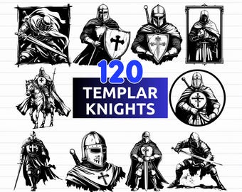 May include: A collection of 120 Templar Knights illustrations in black and white. The images depict knights in various poses, some with swords and shields. The image also includes the file types: SVG, PNG, EPS, and DXF.