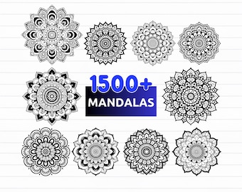 May include: A digital collection of 1500+ black and white mandala designs arranged in a grid. The image features various circular, symmetrical patterns with intricate details. A central blue and black box displays the text 1500+ MANDALAS.