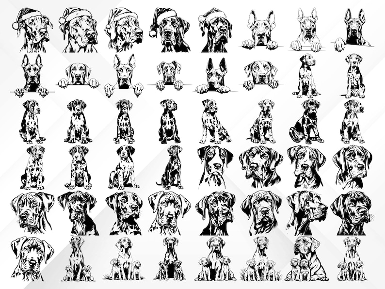 Puede incluir: Una colecci&oacute;n de ilustraciones en blanco y negro de perros en varias poses, incluyendo sentados, de pie y acostados. Algunos perros llevan sombreros. Las ilustraciones son perfectas para usar en manualidades digitales o f&iacute;sicas.