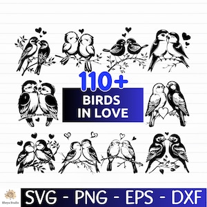 Könnte beinhalten: Schwarz-weiße Illustrationen von verliebten Vögeln auf Ästen, mit Herzen. Der Text "110+ BIRDS IN LOVE" steht auf blauem Hintergrund. Am unteren Rand des Bildes steht "SVG - PNG - EPS - DXF".