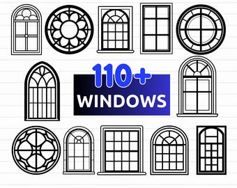 May include: A collection of black and white window designs in various shapes, including arched, circular, and rectangular. The image includes the text "110+ WINDOWS" and file type options: SVG, PNG, EPS, and DXF.