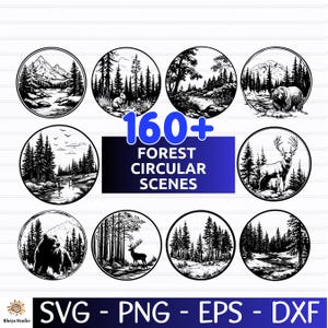 Könnte beinhalten: Eine Sammlung von schwarz-weißen kreisförmigen Waldszenen. Die Szenen zeigen Berge, Flüsse, Bäume, Bären, Hirsche und Kaninchen. Der Text im Bild lautet "160+ FOREST CIRCULAR SCENES" und "SVG - PNG - EPS - DXF".