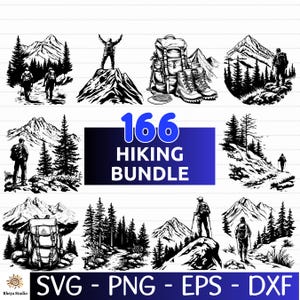 Könnte beinhalten: Ein Set mit 166 schwarzen und weißen digitalen Dateien zum Thema Wandern im SVG-, PNG-, EPS- und DXF-Format. Die Bilder zeigen Berge, Bäume, Wanderer und Rucksäcke.