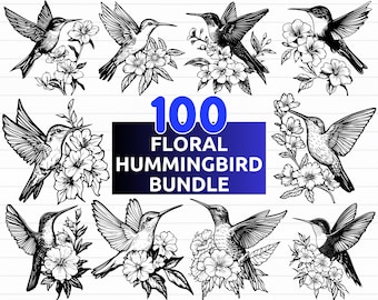 May include: A set of 100 black and white SVG, PNG, EPS, and DXF digital files featuring floral hummingbird designs. The text "100 Floral Hummingbird Bundle" is displayed in the center of the image.