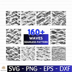 May include: A collection of eight black and white wave pattern designs. The image includes the text "160+ WAVES SEAMLESS PATTERN" in blue and white. The bottom of the image displays the text "SVG - PNG - EPS - DXF".