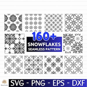 May include: A collection of black and white snowflake patterns. The image displays various seamless designs, with the text "160+ SNOWFLAKES SEAMLESS PATTERN". The bottom of the image shows the text "SVG - PNG - EPS - DXF".