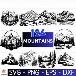 Könnte beinhalten: Ein Set mit 124 Schwarzweiß-Illustrationen von Bergen. Die Illustrationen zeigen Berge, Bäume und Flüsse. Der Text "124 Mountains" wird in der Mitte des Bildes angezeigt.