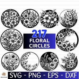 Könnte beinhalten: Ein Satz von 217 schwarzen und weißen floralen Kreisdesigns. Der Text "217 Floral Circles" befindet sich in der Mitte des Bildes. Der Text "SVG - PNG - EPS - DXF" befindet sich am unteren Rand des Bildes.