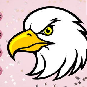 May include: A black and white illustration of an eagle's head with a yellow beak and eye. The eagle is facing left and has a fierce expression.