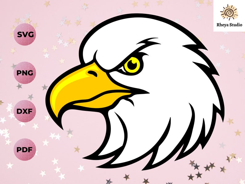 May include: A black and white illustration of an eagle's head with a yellow beak and eye. The eagle is facing left and has a fierce expression.