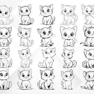 May include: A set of 20 black and white line drawings of cute cartoon cats in various poses. The cats are all drawn in a simple, whimsical style.