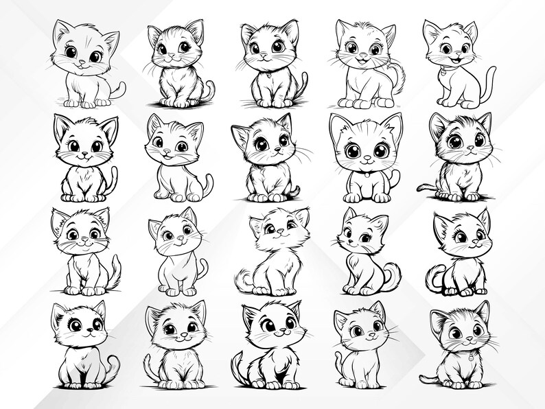 May include: A set of 20 black and white line drawings of cute cartoon cats in various poses. The cats are all drawn in a simple, whimsical style.