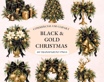 May include: A digital collection of Christmas clipart featuring black and gold holiday elements including a decorated tree, wrapped gifts, a candelabra, floral arrangements, bells, a wreath, and a reindeer, with text reading COMMERCIAL USE CLIPART BLACK & GOLD CHRISTMAS 40 TRANSPARENT PNGS.