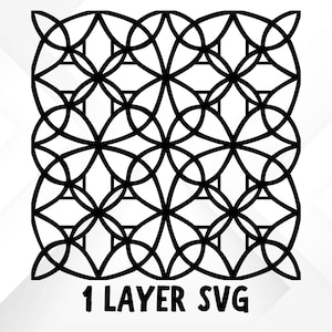 May include: Black and white geometric design with overlapping circles and square shapes. The design is a repeating pattern. The text "1 LAYER SVG" is at the bottom of the image.