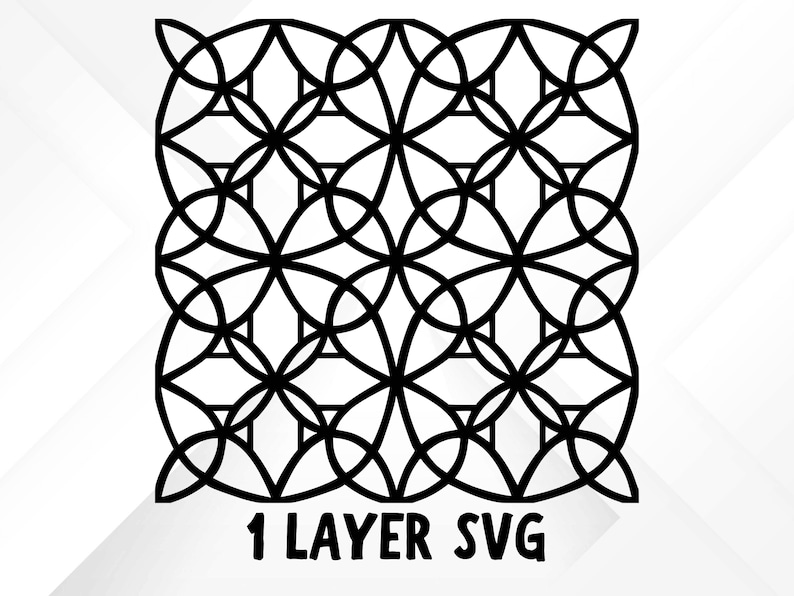 May include: Black and white geometric design with overlapping circles and square shapes. The design is a repeating pattern. The text "1 LAYER SVG" is at the bottom of the image.