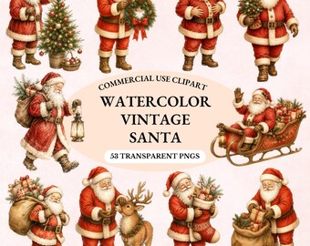May include: A collection of watercolor illustrations featuring Santa Claus in various poses, including holding a Christmas tree, a wreath, a lantern, and a sack of gifts. The text reads: COMMERCIAL USE CLIPART WATERCOLOR VINTAGE SANTA 53 TRANSPARENT PNGS.