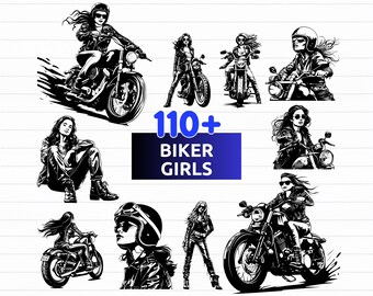 May include: Black and white illustrations of biker girls on motorcycles. The image includes the text "110+ Biker Girls" in a blue rectangle, along with file type options: SVG, PNG, EPS, and DXF.