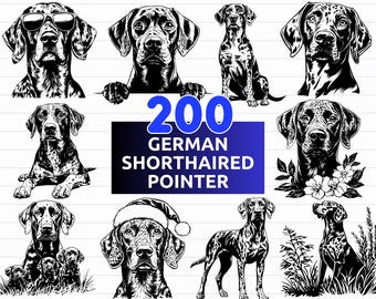 May include: A set of 200 black and white vector illustrations of German Shorthaired Pointers in various poses. The illustrations are perfect for crafting projects, digital designs, and more.