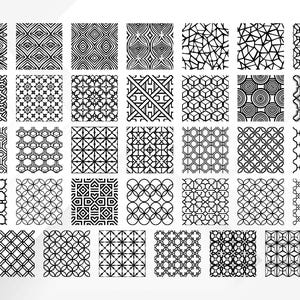 May include: A collection of 36 black and white geometric patterns, each displayed in a square format. The designs vary, including repeating shapes, lines, and curves, suitable for digital art or design projects.