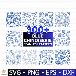 Paquete de más de 300 patrones sin costuras de estilo chinoiserie azul en formato SVG / Diseños florales azules / Patrones orientales para Cricut y grabado (svg png eps dxf)