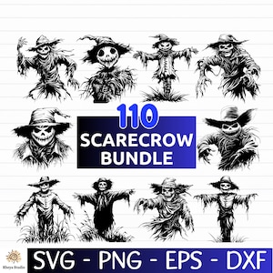 Puede incluir: Un paquete de arte digital con 110 diseños de espantapájaros en blanco y negro. Los espantapájaros tienen varias poses y expresiones, con sombreros de paja y sonrisas cosidas. La imagen incluye el texto "110 Scarecrow Bundle".