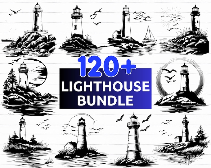Lighthouse SVG 16 Vector Clipart Bundle: Laser Engraving, Print ...